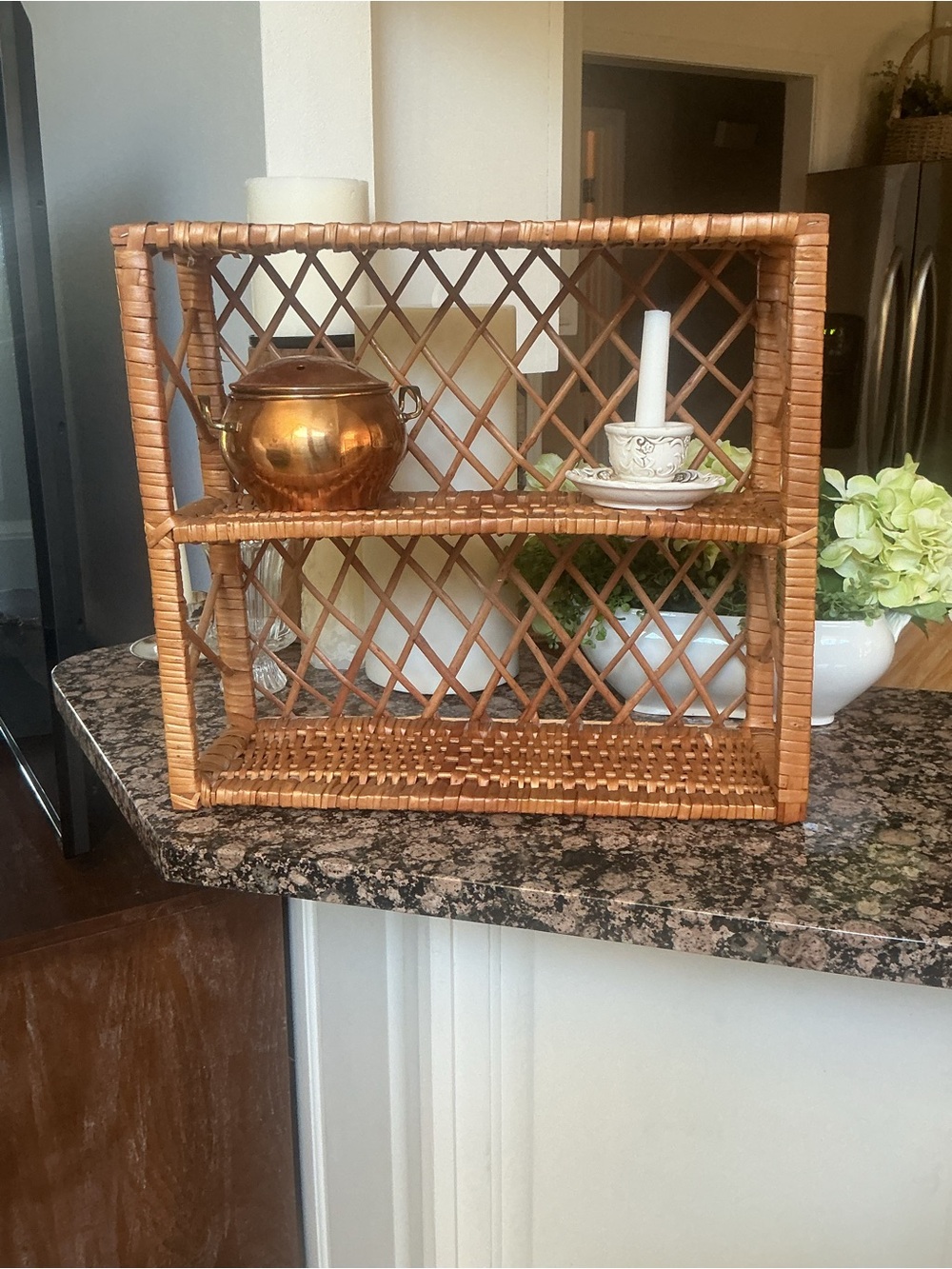Vintage Wicker Wood 3 Tier Shelf Wall Hanging Standing Farmhouse Rattan 18x16